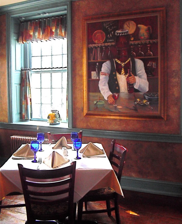 Tablecloth on table near window and oil painting - interior of restaurant, Parc Bistro, Skippack Village PA #restaurant @GetawayMavens