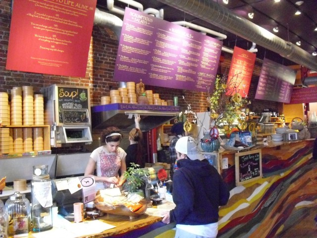 Shot of colorful counter at raw food restaurant Salem MA