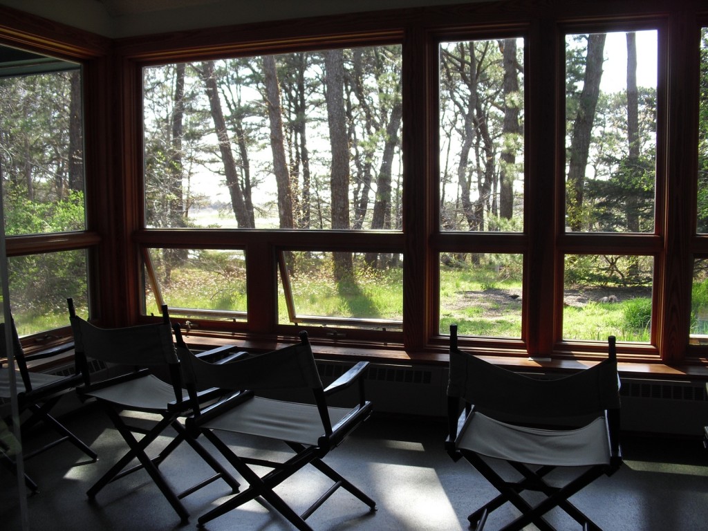 slingback chairs face panoramic forest and salt marsh views