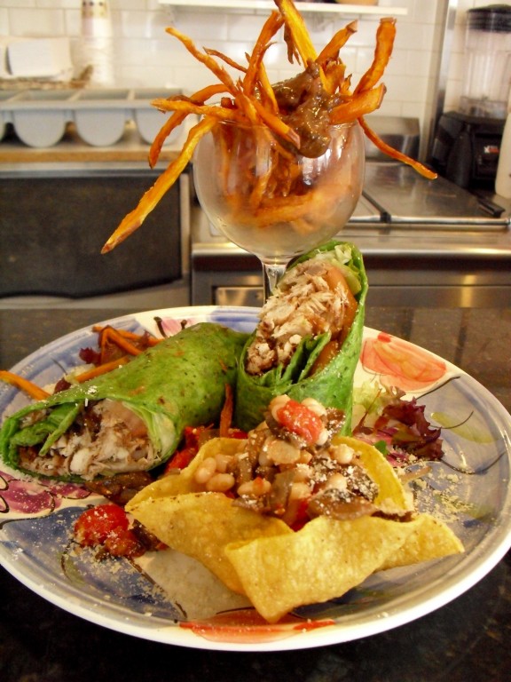 colorful composition of spinach wrap, sweet potato fries - Chicken Wrap, O'Rourke's Diner, Middletown, CT