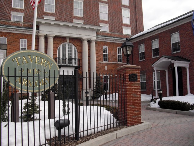 Exterior shot of former brick armory now upscale hotel in college town. Inn At Middletown, Middletown, CT