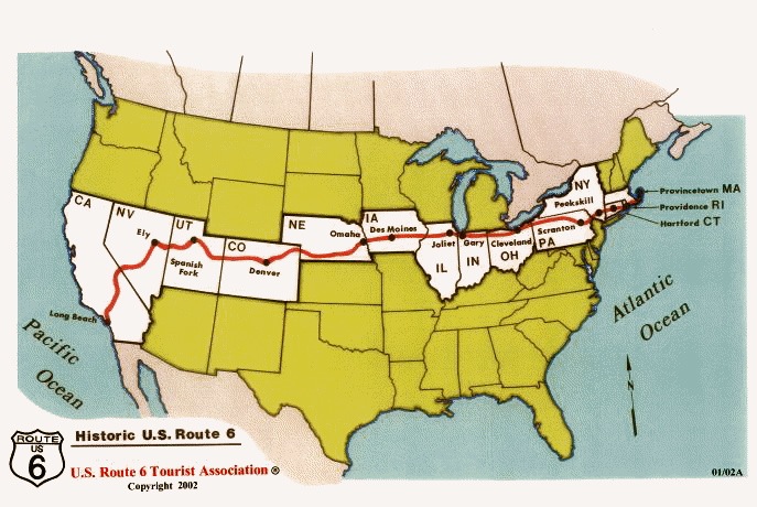 Map of USA with Route 6 in Red from Massachusetts to California