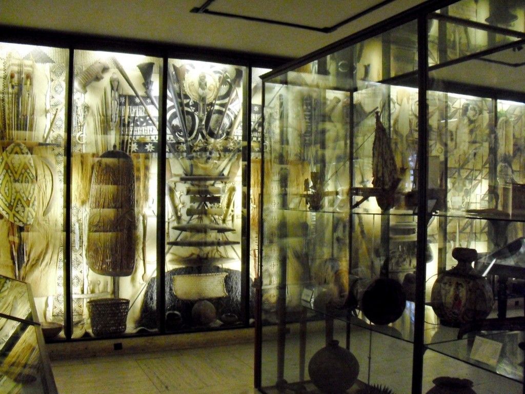 Back-lit glass cases filled with exotic artifacts from around the world