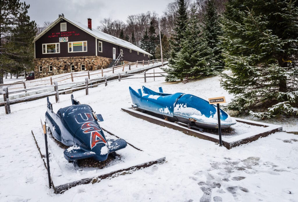 Bobsled collection in the outdoor museum of the Bobsled Complex in Lake Placid NY.