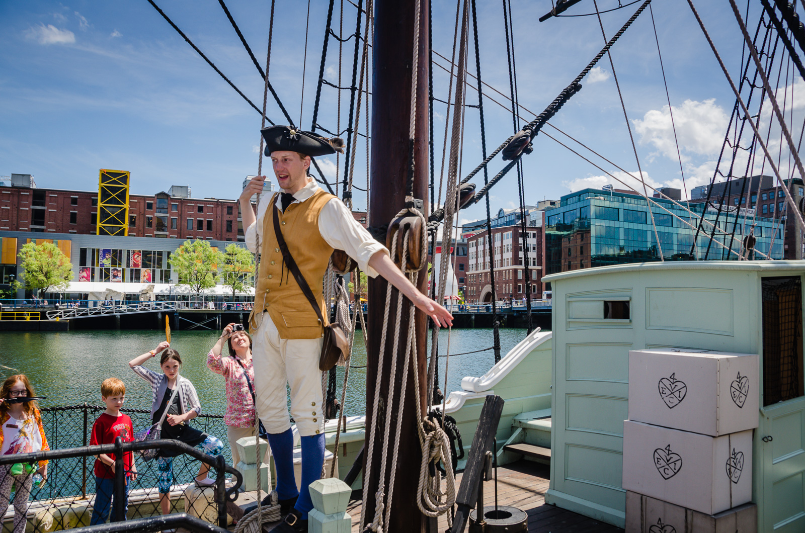 Reenactor calling for revolution on a tea ship replica at the Boston Tea Party Museum in Boston, MA. #history #USA @GetawayMavens