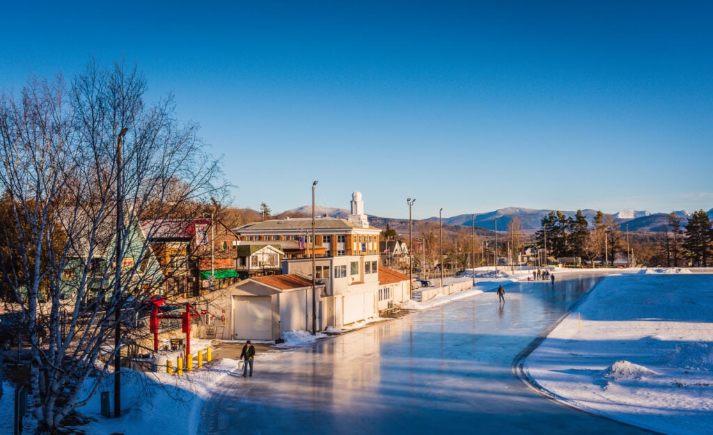 Speed skating practice on Mirror Lake Lake Placid NY