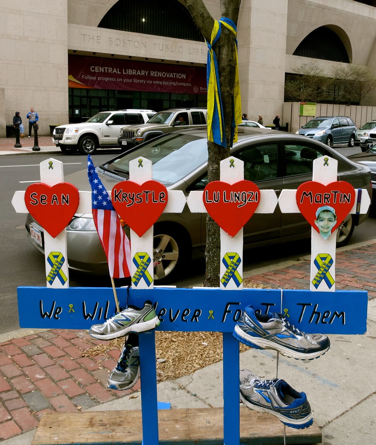 Boston Marathon Bombing memorial across from Boston Public Library