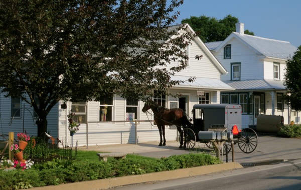 Amish horse and buggy outside of harness shop in Intercourse PA