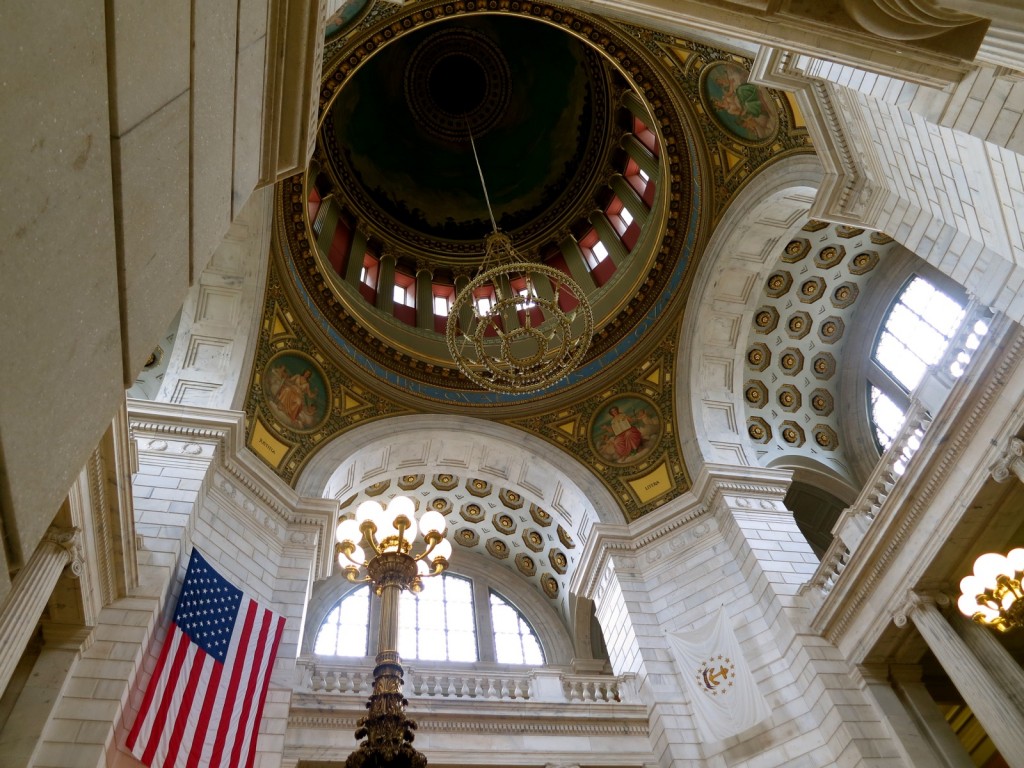 Colorful mosaic and vibrantly painted dome interior, State House, Providence RI