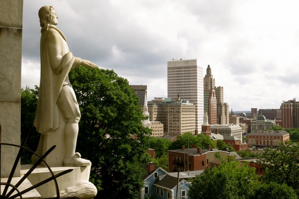 Statue of Roger Williams overlooking city of Providence, RI