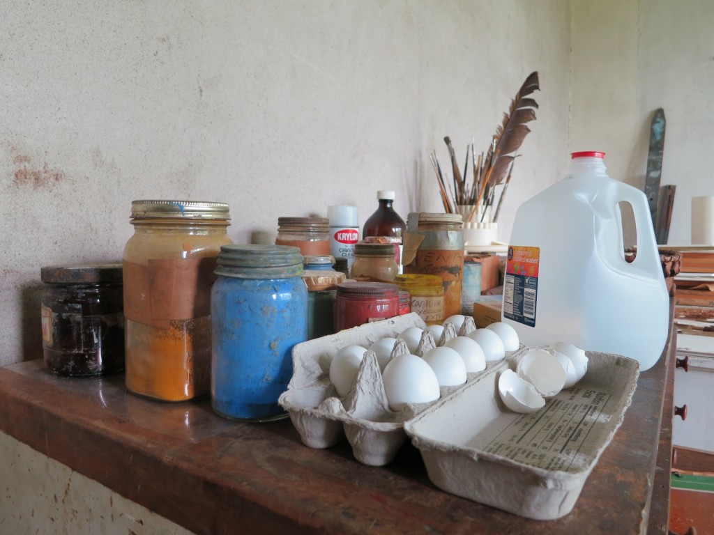 Andrew Wyeth's painting supplies form a colorful still life inside the artist's studio, Chadds Ford, PA - Brandywine Valley PA