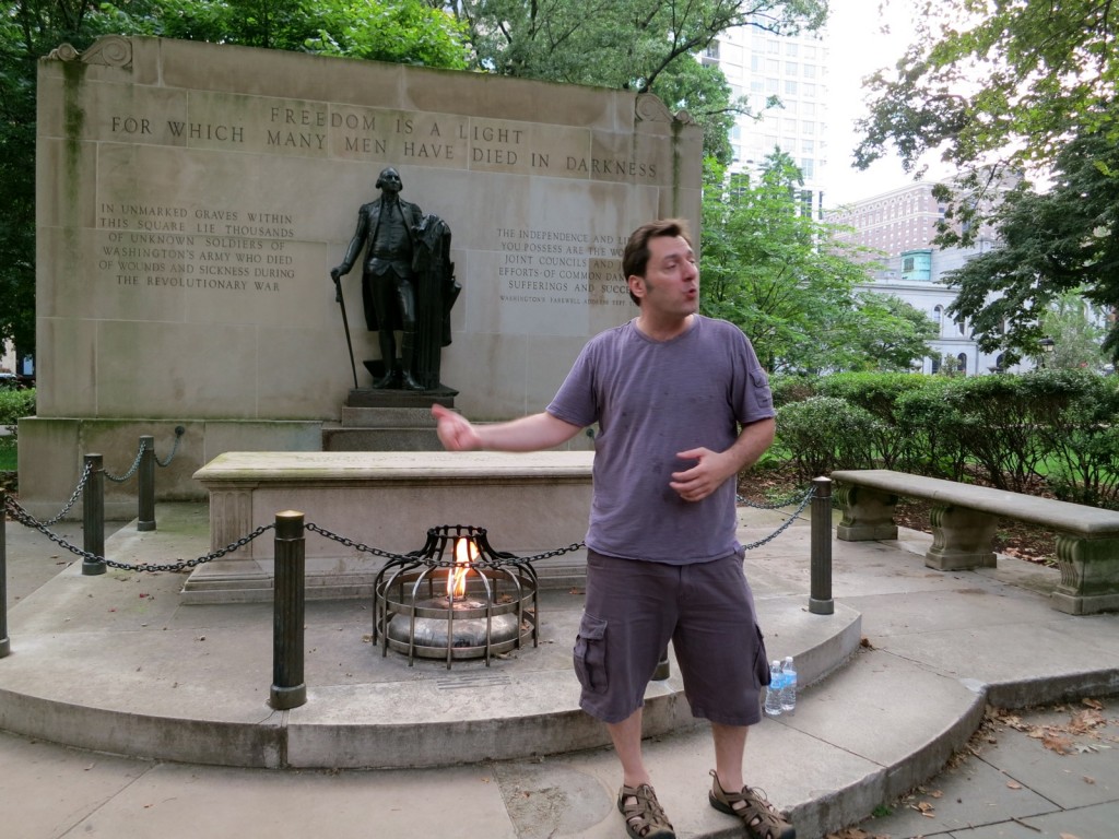 Grim Philly Walking Tour's Joe Wojie at Memorial in Washington Park, Philly PA where 5,000 souls are still buried