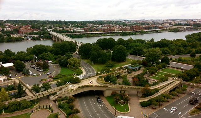 View of Potomac, the Key Bridge and Washington DC beyond from Holiday Inn Rosslyn, VA