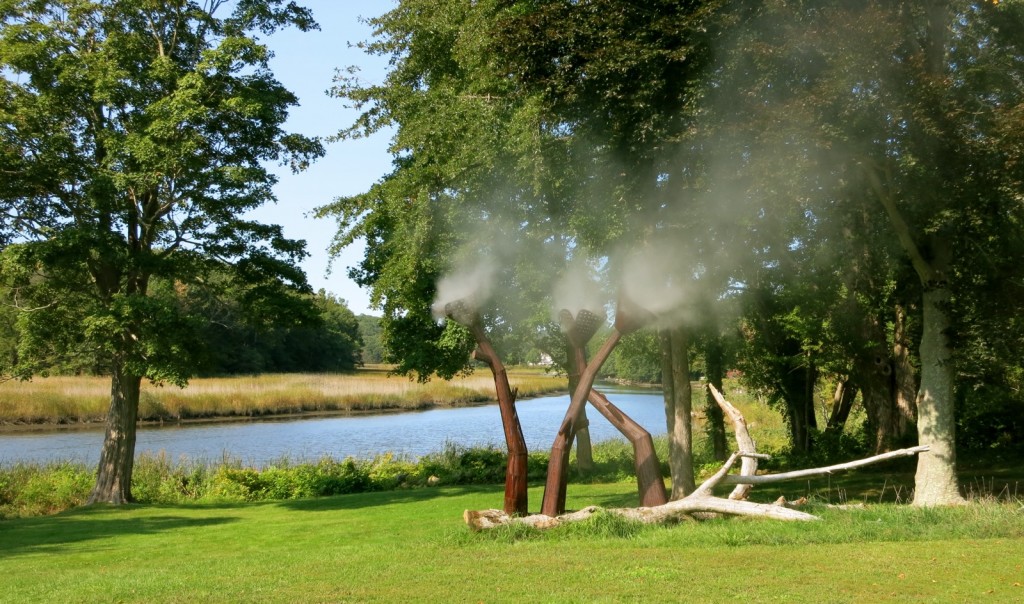 Misting steel "flowers" by river at Florence Griswold Museum, Old Lyme CT