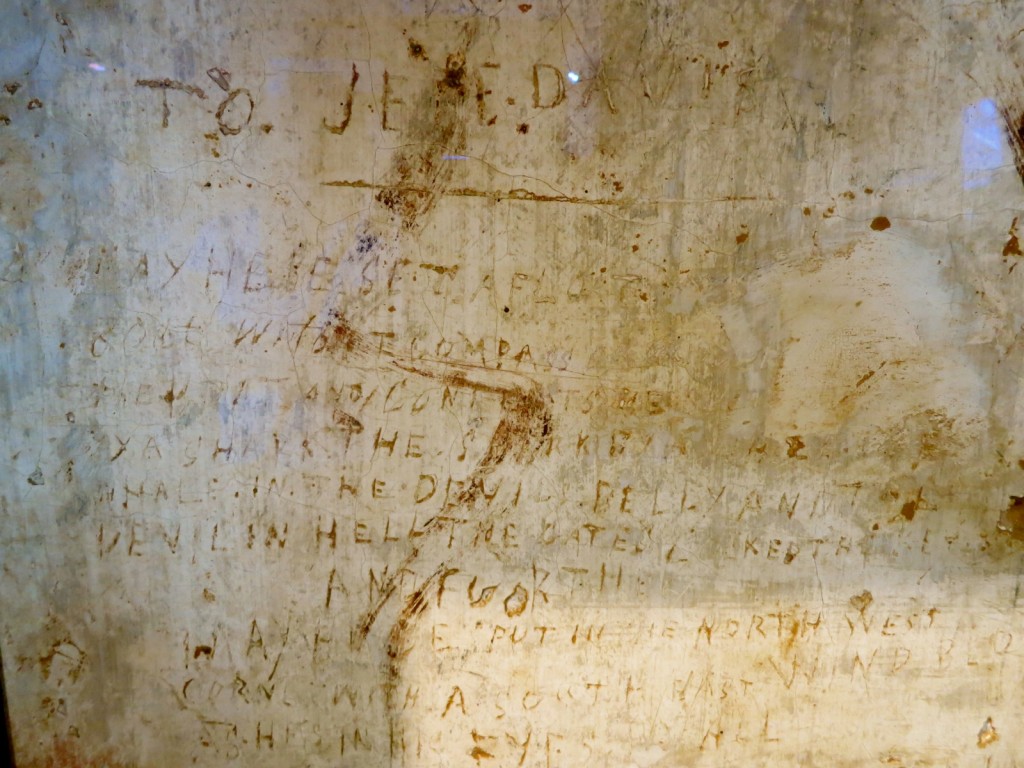 Civil War Prison Graffiti damning Jefferson Davis to Hell at Courthouse Museum, Winchester VA