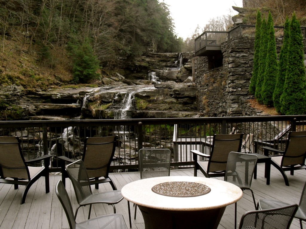 Cascading waterfall off the deck of Ledges Hotel Hawley PA