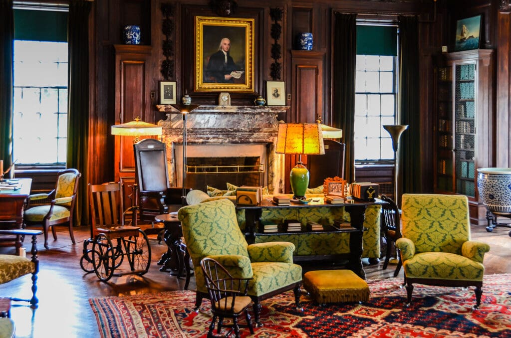 Wheelchair in the parlor at Home of Franklin D. Roosevelt in Hyde Park NY