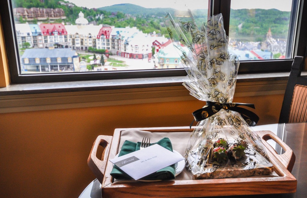 Fairmont Tremblant Welcome Gift of chocolate-covered strawberries dressed in tuxedos.