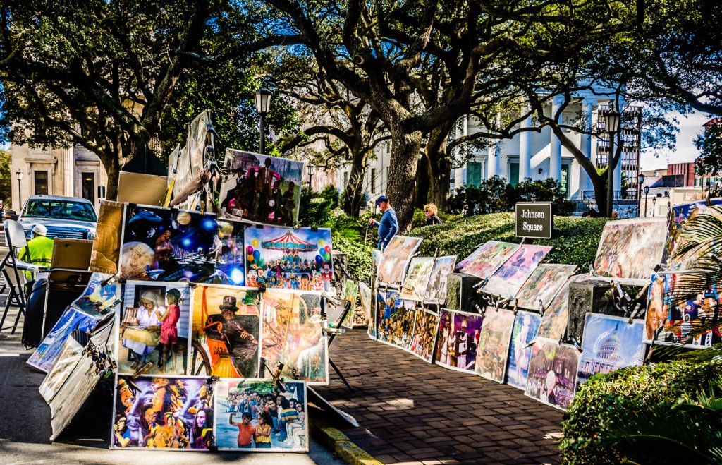 Paintings on sale at Johnson Square in Savannah, GA.