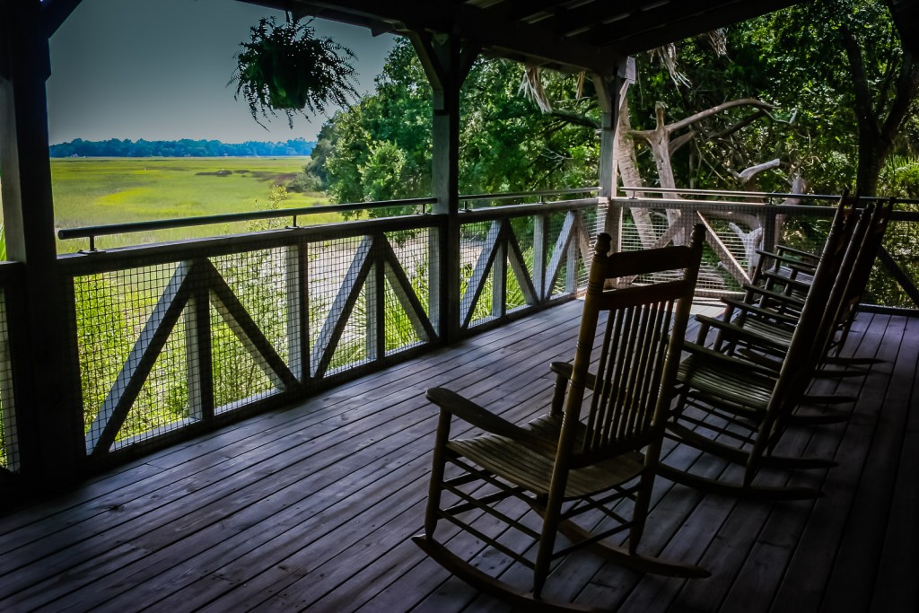 Rocking chairs on front porch at Sapelo Island Visitors Center, Georgia.