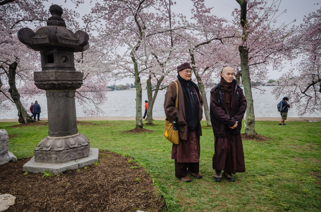 Tibetan Monks posing with Cherry Blossoms