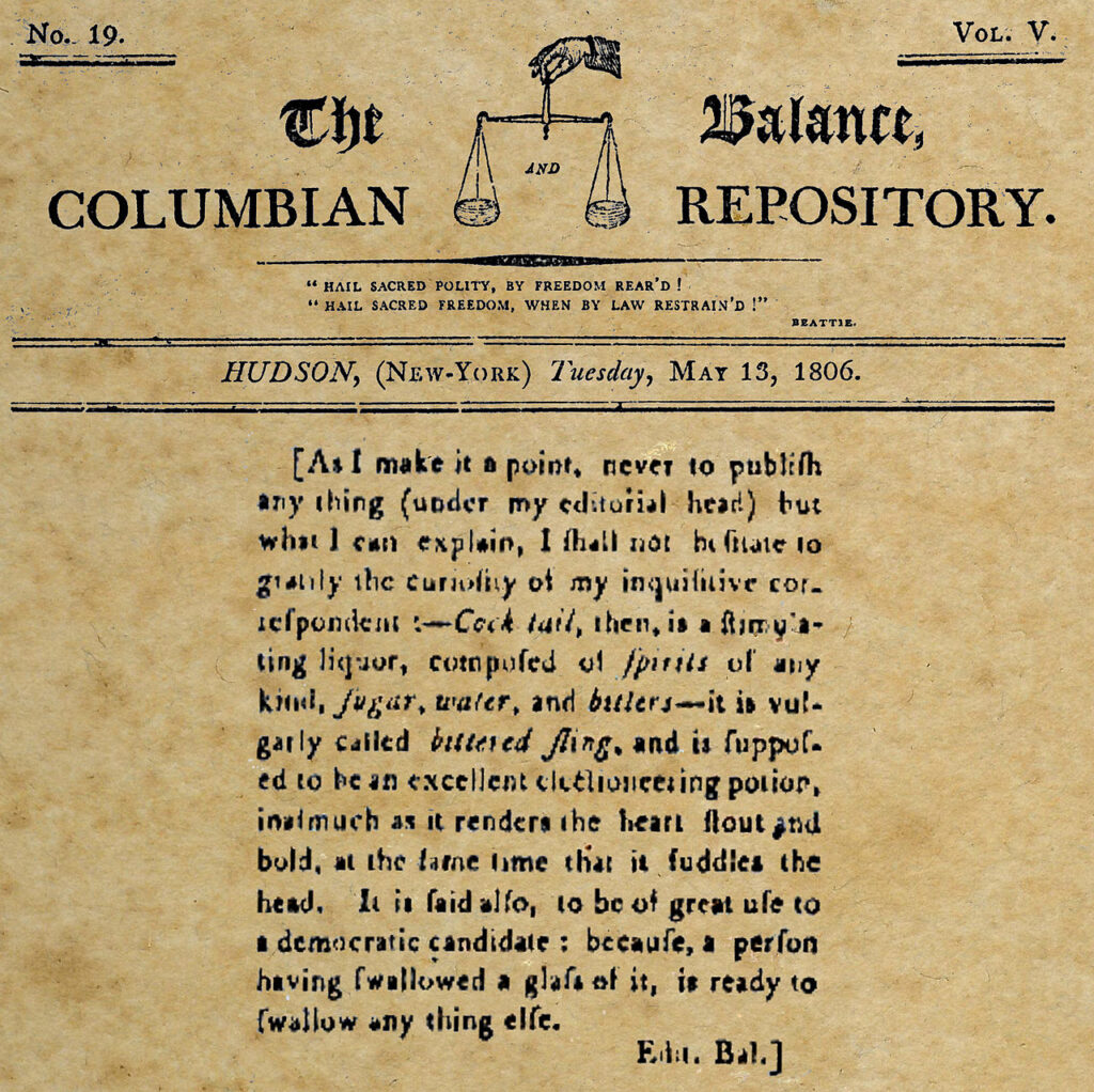 First definition of Cocktail in America 1806 paper Columbian Repository 