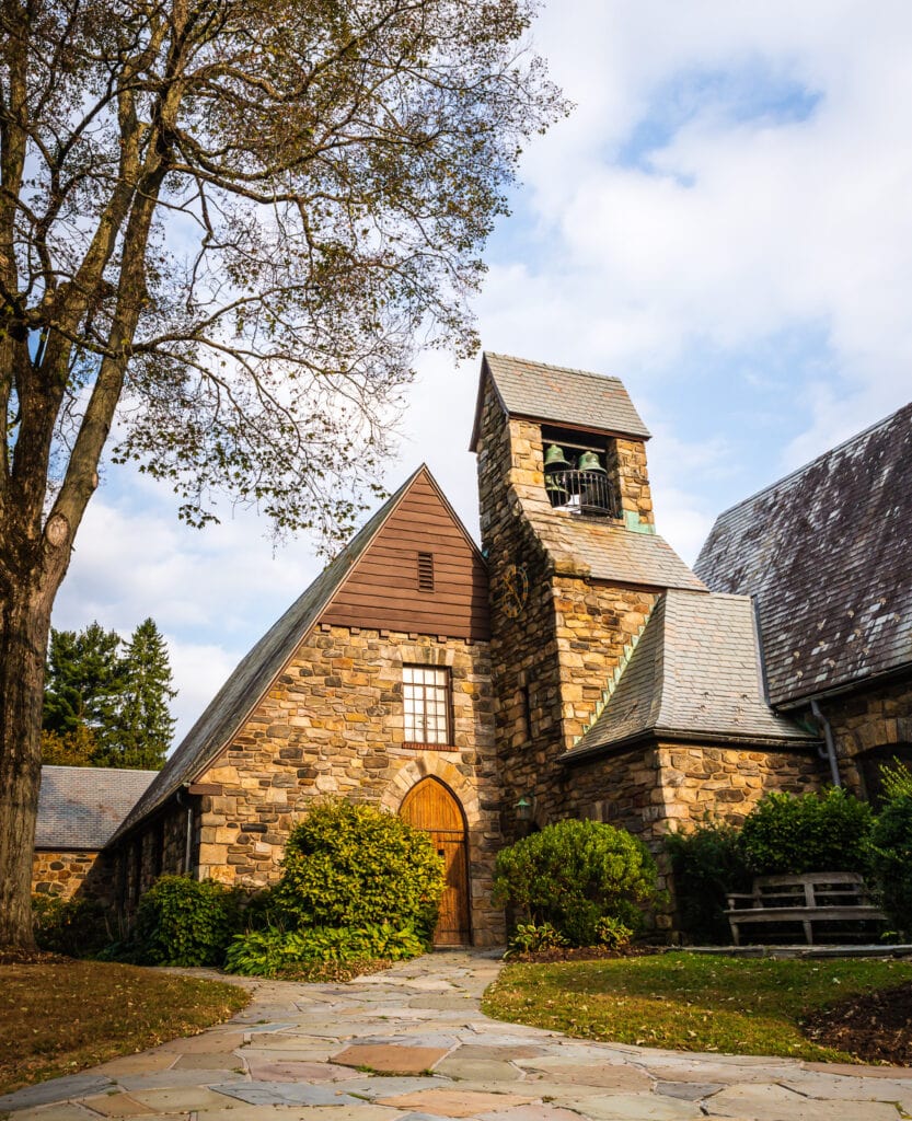 Exterior of Union Church of Pocantico HIlls in Sleepy Hollow NY