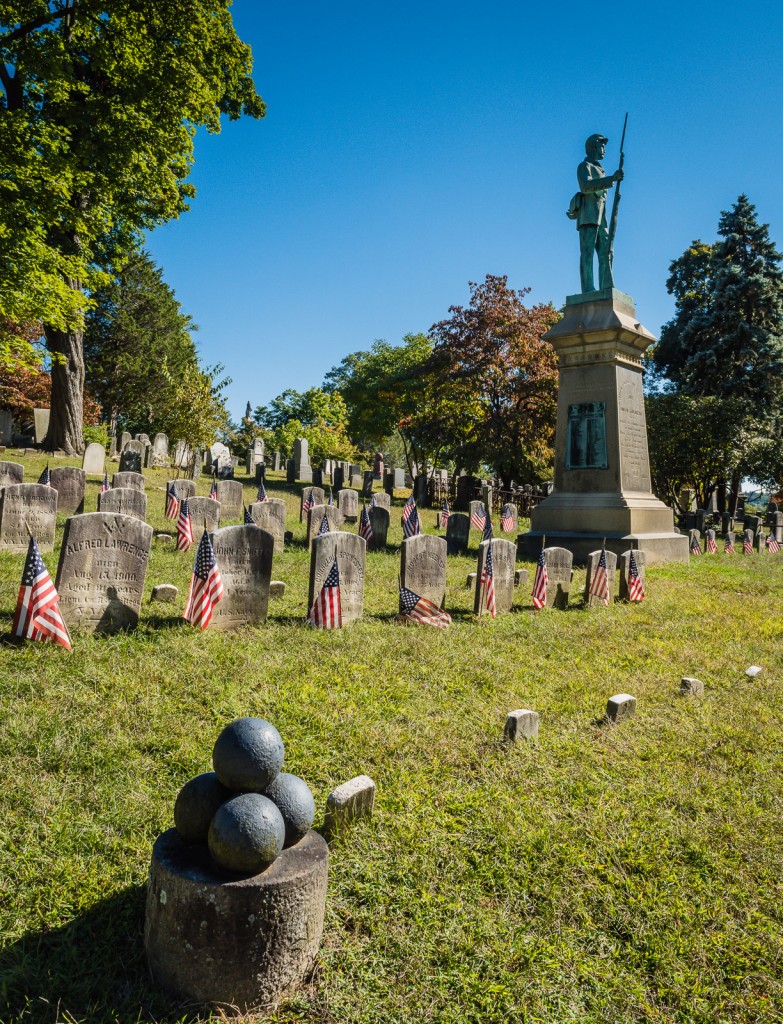 Cannon balls and flags at Civil War Monument - Sleepy Hollow Cemetery - Sleepy Hollow NY