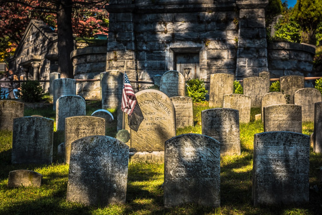 Washington Irving's headstone in Sleepy Hollow Cemetery.