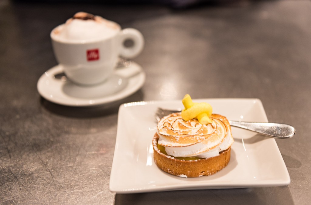 Lemon Meringue Tart and a cappuccino at Maison Christian Faure in Old Montreal, Quebec