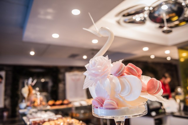 White Macaron Swan filled with pink macarons - Maison Christian Faure - Old Montreal, Quebec
