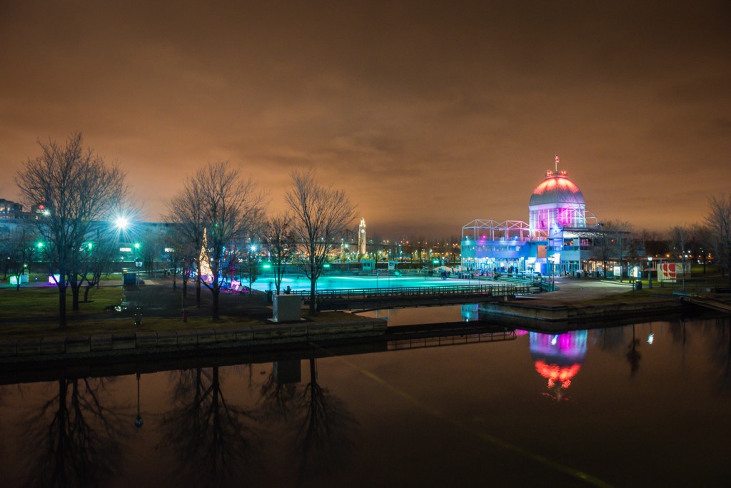 Old Port Skating Rink lit up at night in Old Montreal, Quebec.