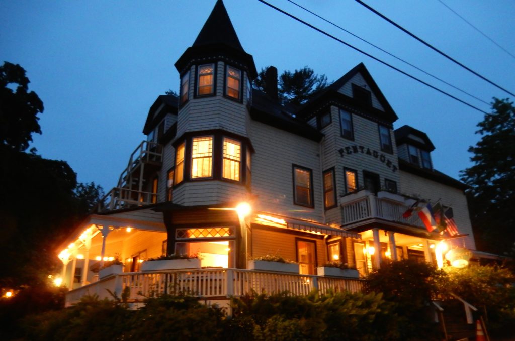 Pentagoet Inn lit up at night Castine Maine