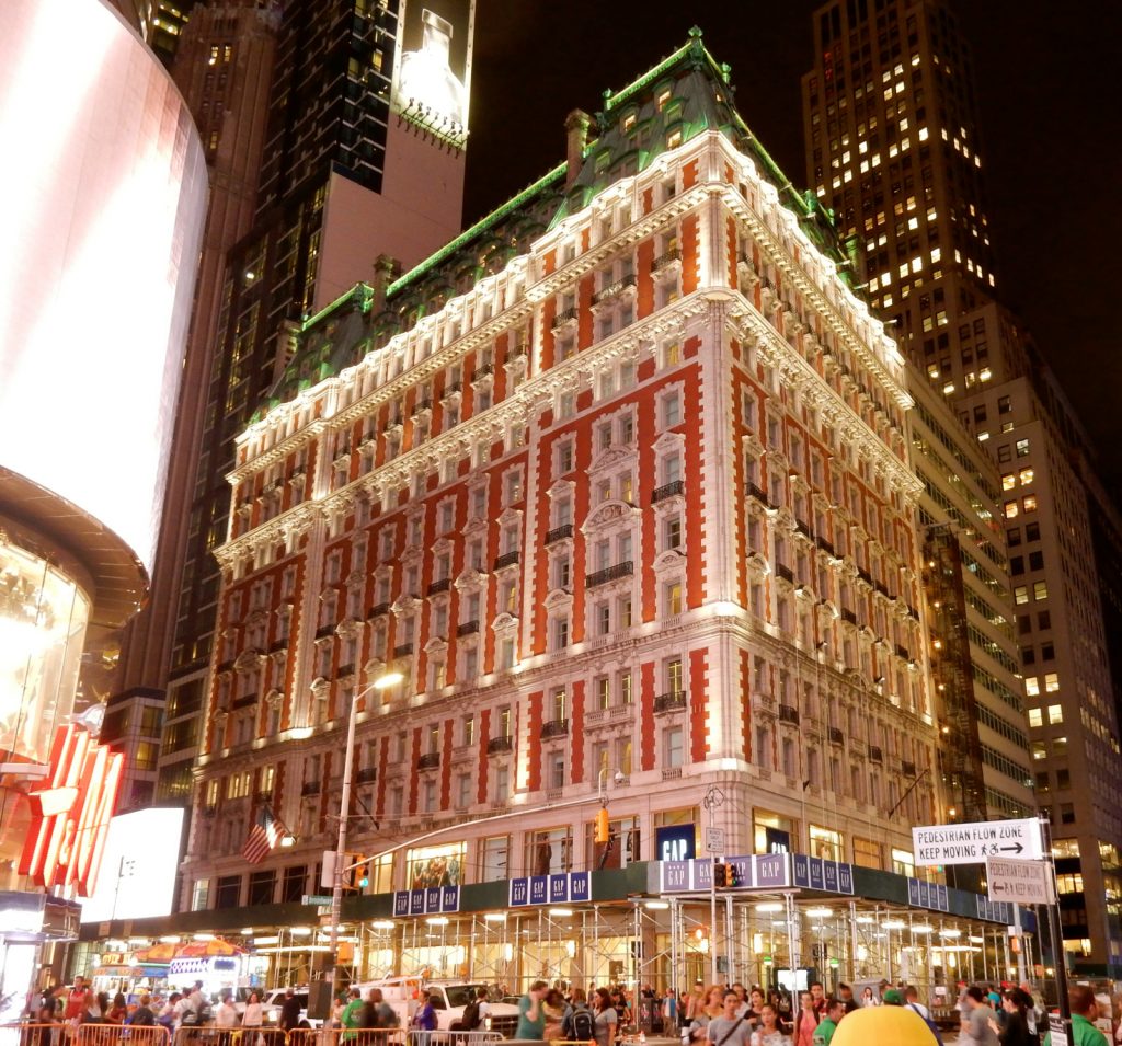 Knickerbocker hotel restored facade at night Times Square NYC