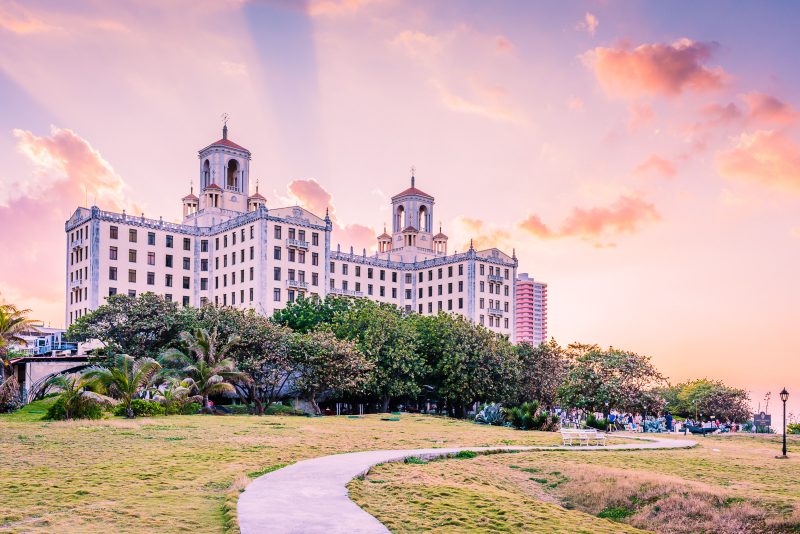 Sunset over Hotel Nacional de Cuba in Havana.