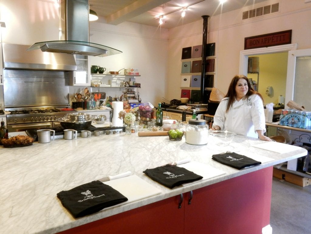 Chef Kathy Gold in the kitchen cooking school - Haddonfield NJ