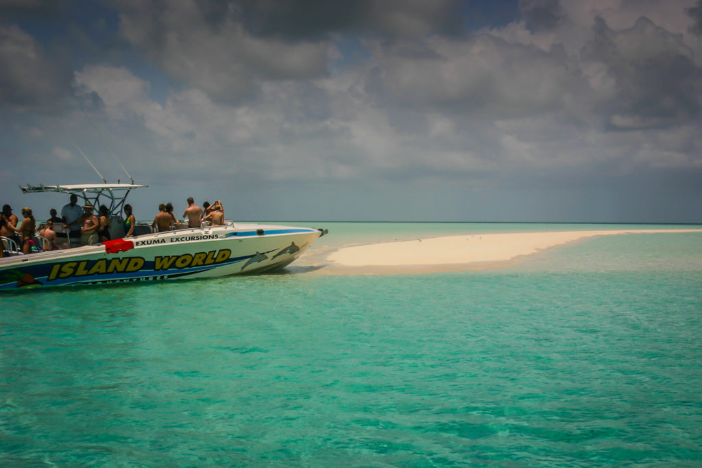 Powerboat docked on sandy spit at Nassau Bahamas - Exuma Excursion