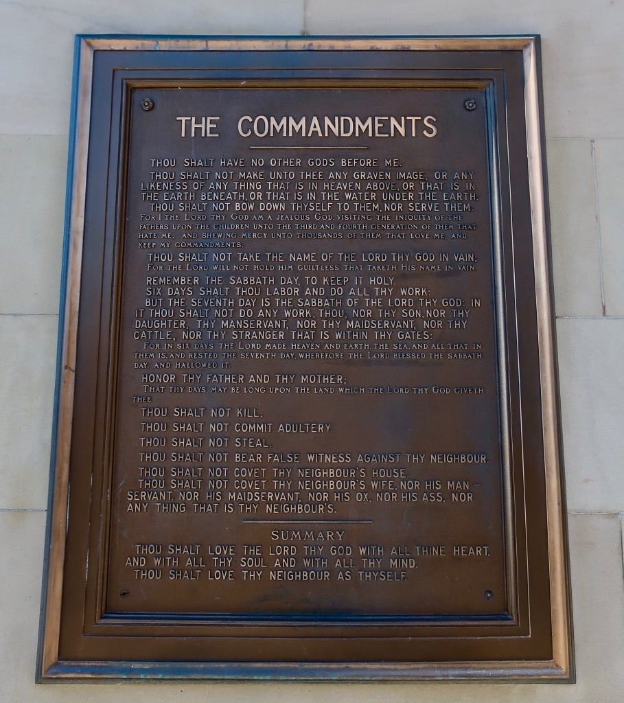 Ten Commandments plaque on facade of Chester County PA Courthouse