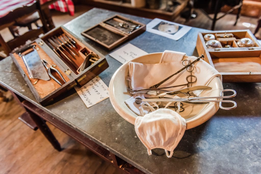 Surgical tools displayed on table at Dr Best House in Middleburgh NY.