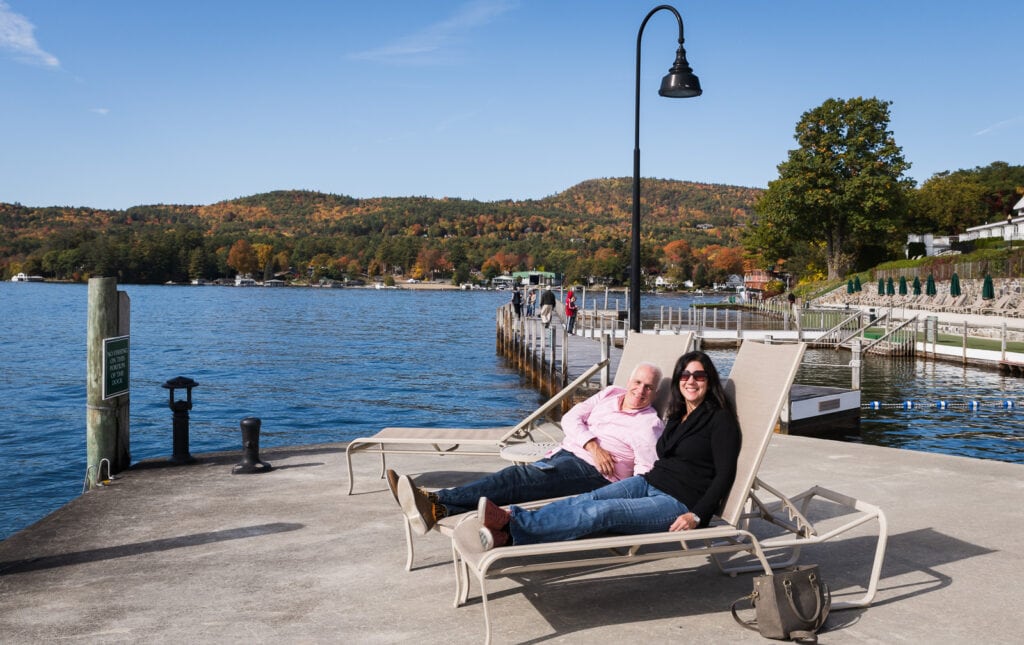 Couple relaxes at Sagamore Hotel in Bolton Landing on Lake George in Upstate NY.