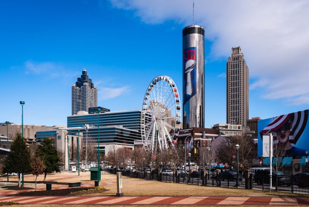 Atlanta skyline with Centennial Olympic Park and the Westin Peachtree Plaza Tower.