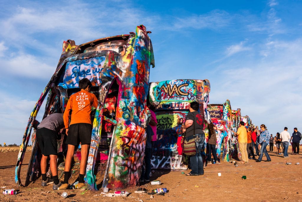 Graffiti covered sedans at the Cadillac Ranch in Armadillo, Texas.