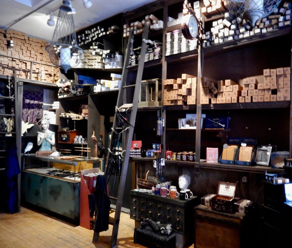 Shelves of magic wands at Wynott's Wands Salem MA