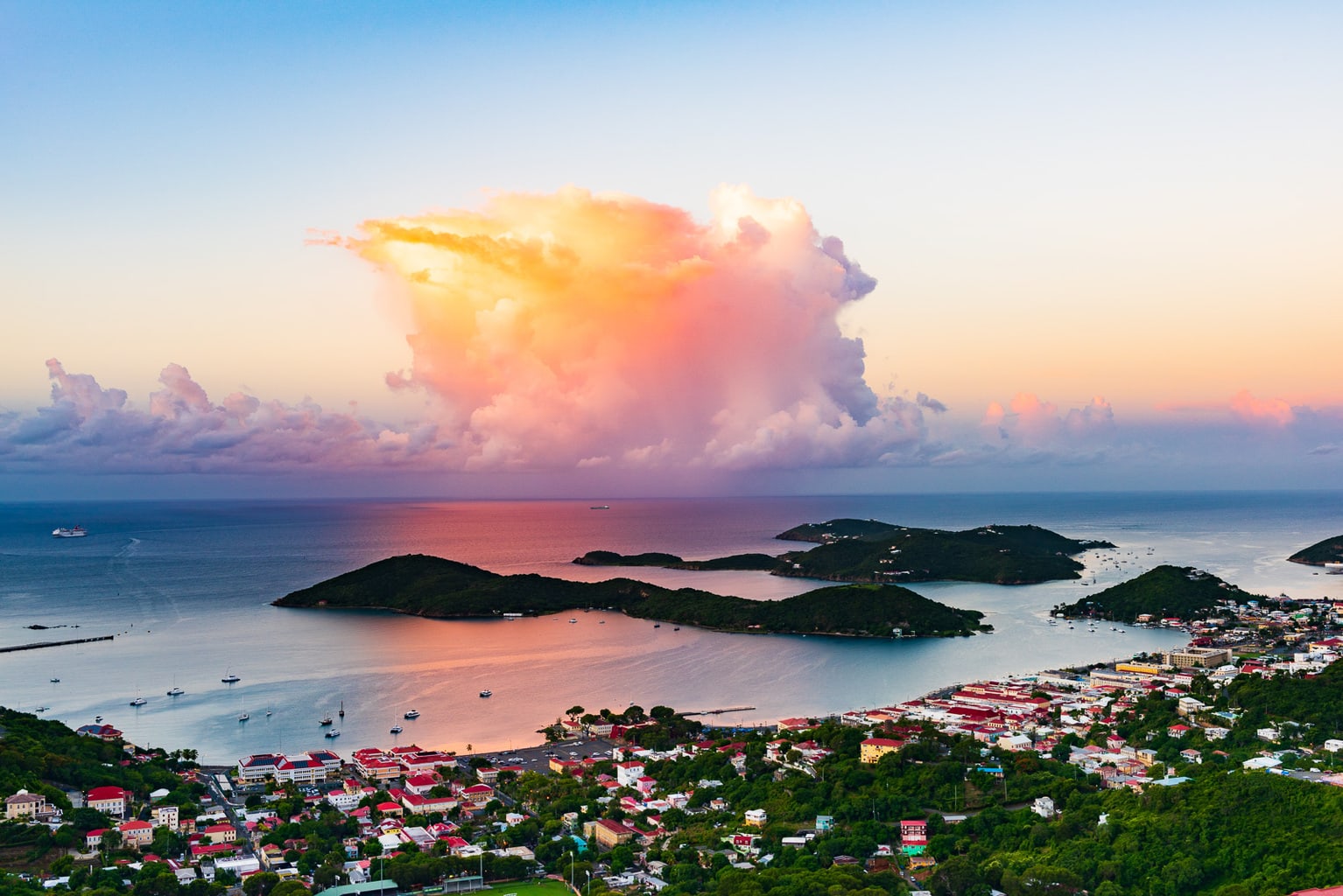 Sunrise over Charlotte Amalie, capital of St. Thomas US Virgin Islands.
