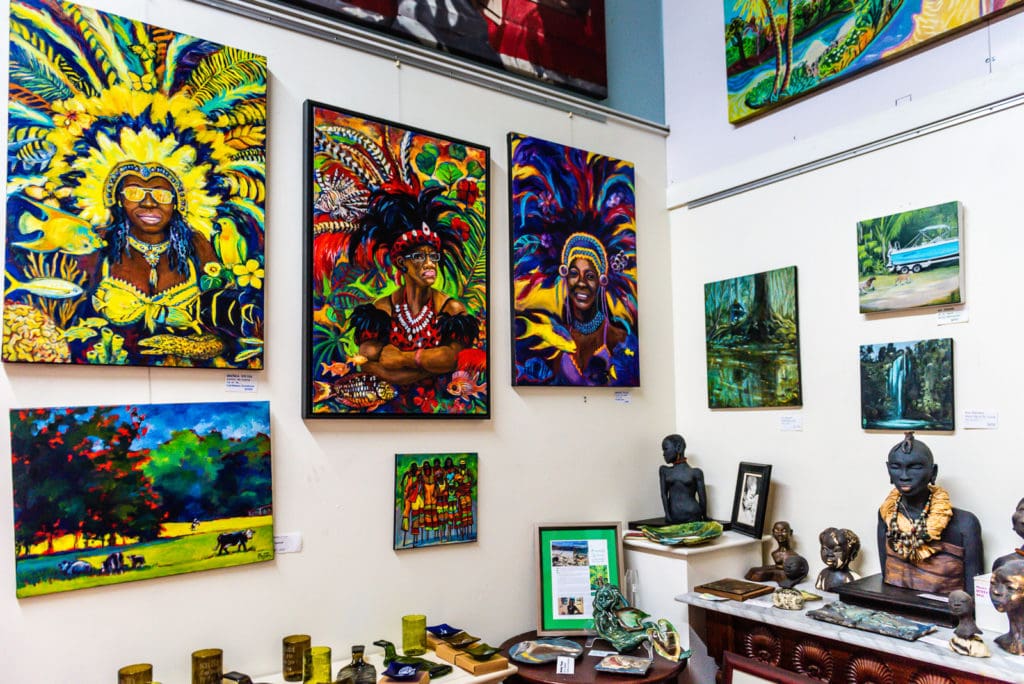 Paintings and sculptures displayed inside the Mango Tango Art Gallery in St. Thomas US Virgin Islands