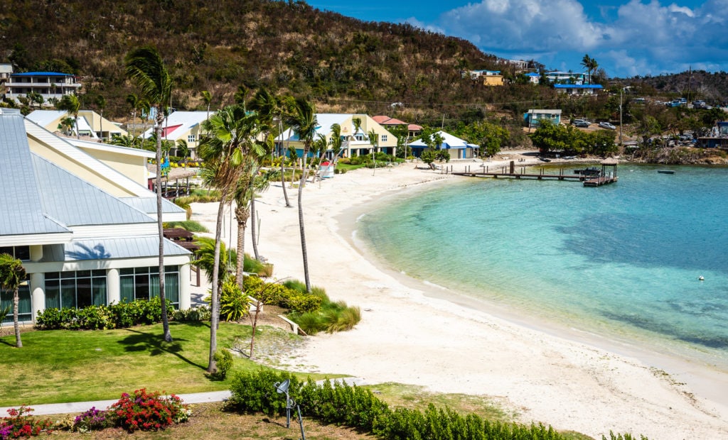 Restaurant and landscaped grounds facing beach at Wyndham Margaritaville St. Thomas