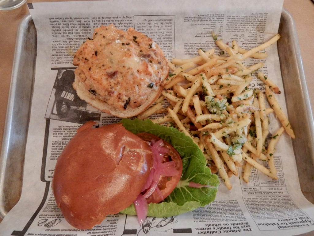 Salmon Burger and Garlic Truffle Fries, Cobblestones of Lowell MA