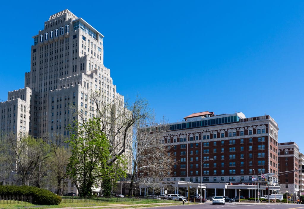 Exterior of Chase Park Plaza Hotel in St. Louis, Missouri.