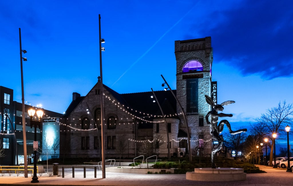 Exterior lights surround the Dark Room at Grandel wine bar bistro in St. Louis MO.