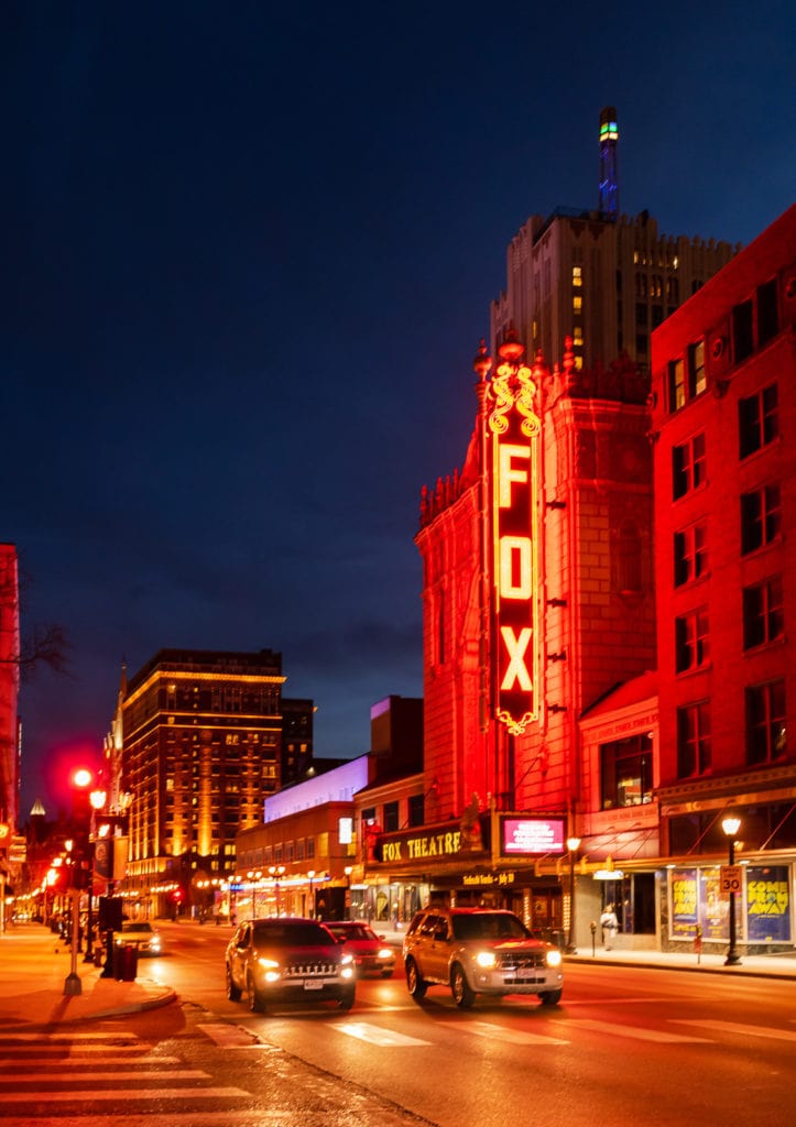 Lit up neon sign at the Fabulous Fox Theater in St. Louis MO.